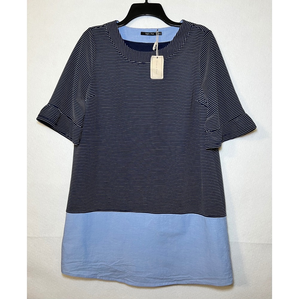 New Doe & Rae Navy/White Striped Coastal Fisherman Nautical Preppy‎ Tunic Top Lg